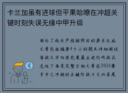 卡兰加虽有进球但平果哈嘹在冲超关键时刻失误无缘中甲升级