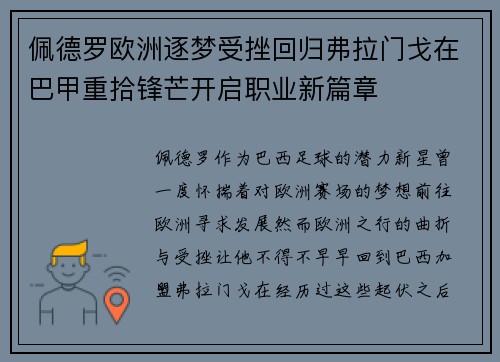 佩德罗欧洲逐梦受挫回归弗拉门戈在巴甲重拾锋芒开启职业新篇章 佩德罗欧洲逐梦受挫回归弗拉门戈在巴甲重拾锋芒开启职业新篇章